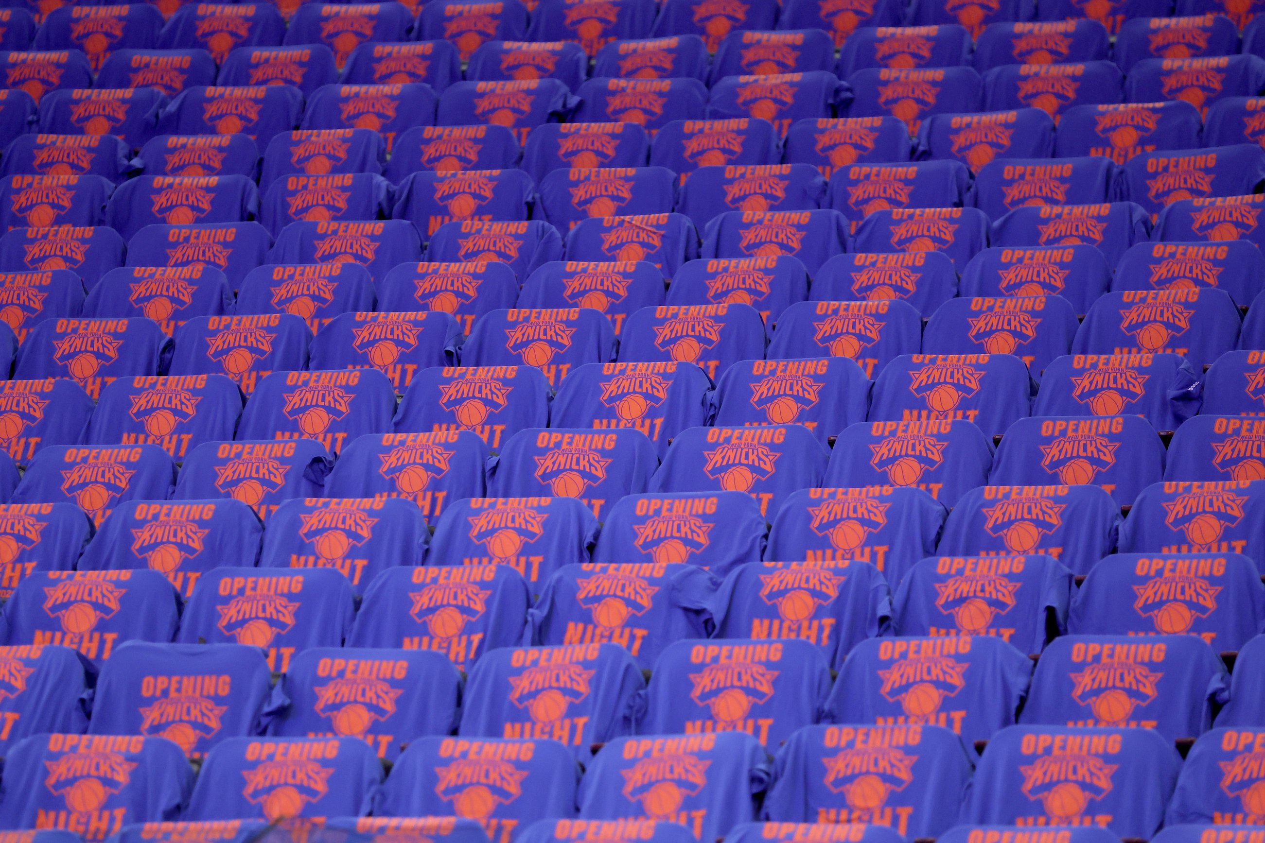 General view of shirts on the seats at Madison Square Garden before a 2025 opening night game between the New York Knicks and Cleveland Cavaliers. 