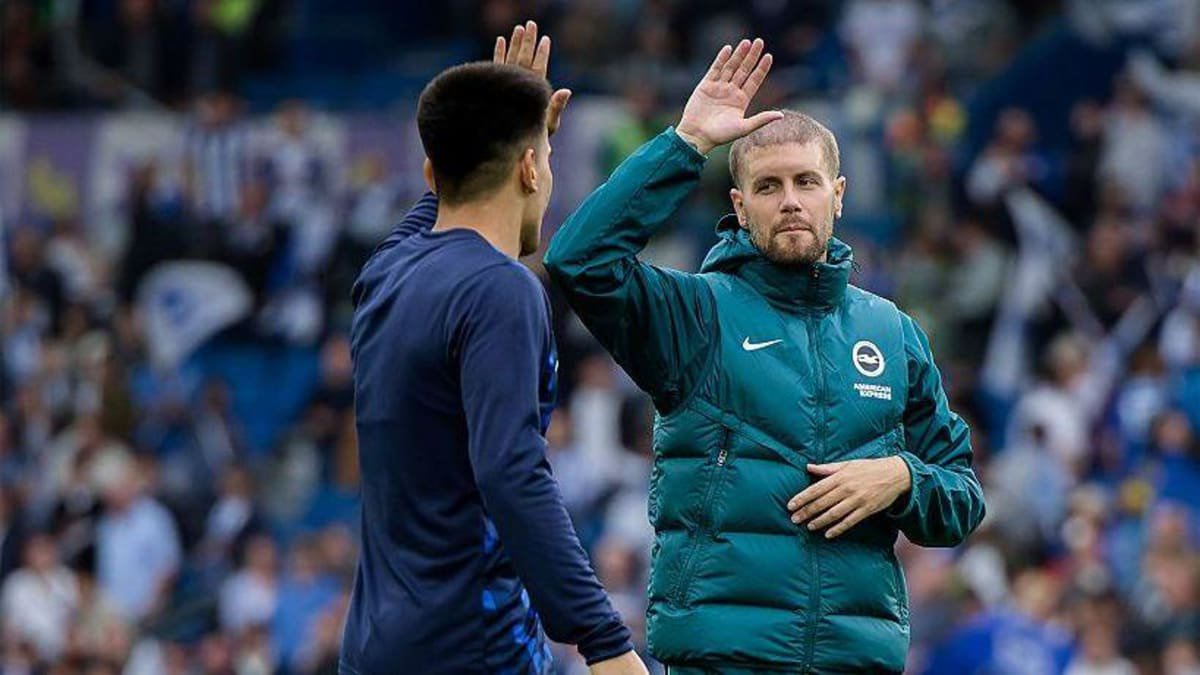 Fabian Hurzeler and Diego Gomez doing a high five on the pitch after a Brighton game