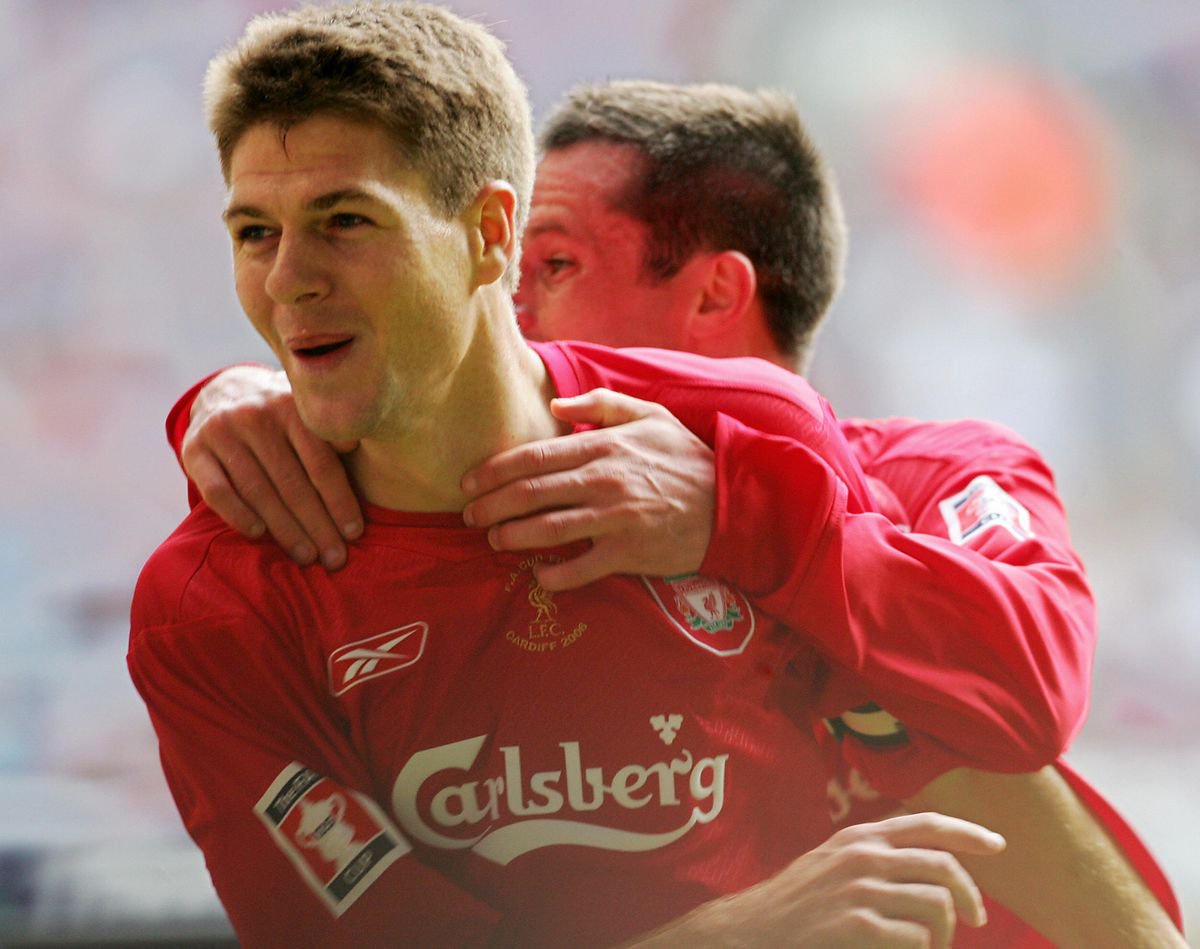 CARDIFF, United Kingdom:  Liverpool's Steven Gerrard (L) celebrates after scoring his second goal against West Ham during the FA Cup final at the Millennium Stadium in Cardiff, 13 May 2006. AFP PHOTO/PAUL ELLIS  (Photo credit should read PAUL ELLIS/AFP via Getty Images)