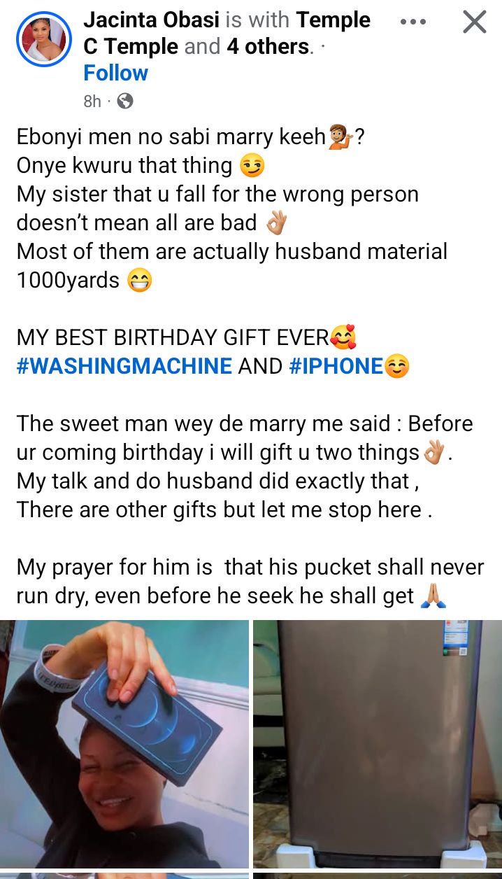 Most Ebonyi men are husband material 1000 yards - Nigerian woman says as she hails her husband for gifting her washing machine and iPhone