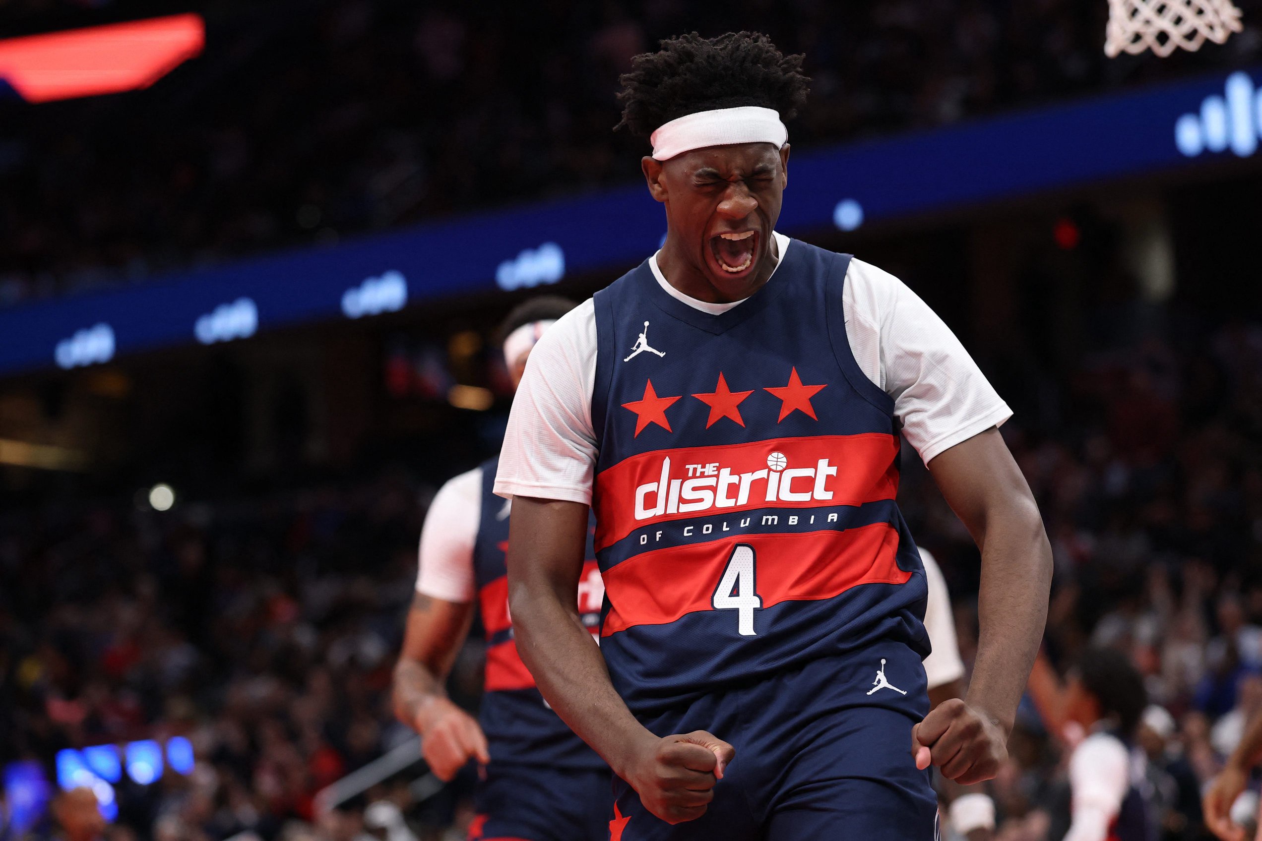 Oct 30, 2026; Washington, District of Columbia, USA; Washington Wizards forward AJ Dybantsa (4) reacts after being fouled while scoring against the Charlotte Hornets in the second half in an NBA Cup game at Capital One Arena. Mandatory Credit: Geoff Burke-Imagn Images