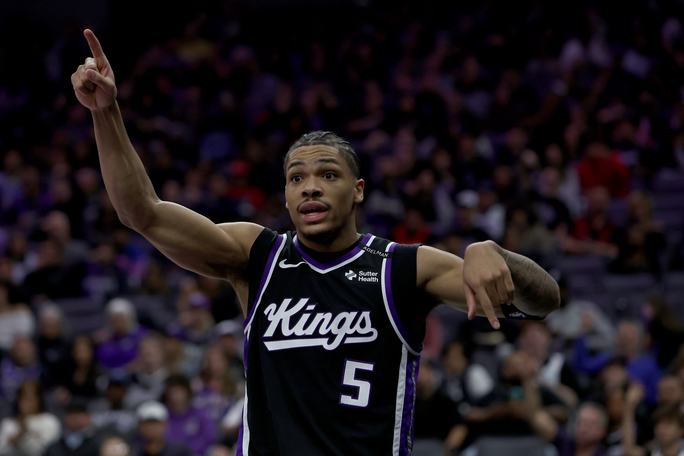 Oct 23, 2026; Sacramento, California, USA;  Sacramento Kings guard Darius Acuff Jr. (5) reacts after getting fouled against the Portland Trail Blazers during the third quarter at Golden 1 Center.  Mandatory Credit: Dennis Lee-Imagn Images