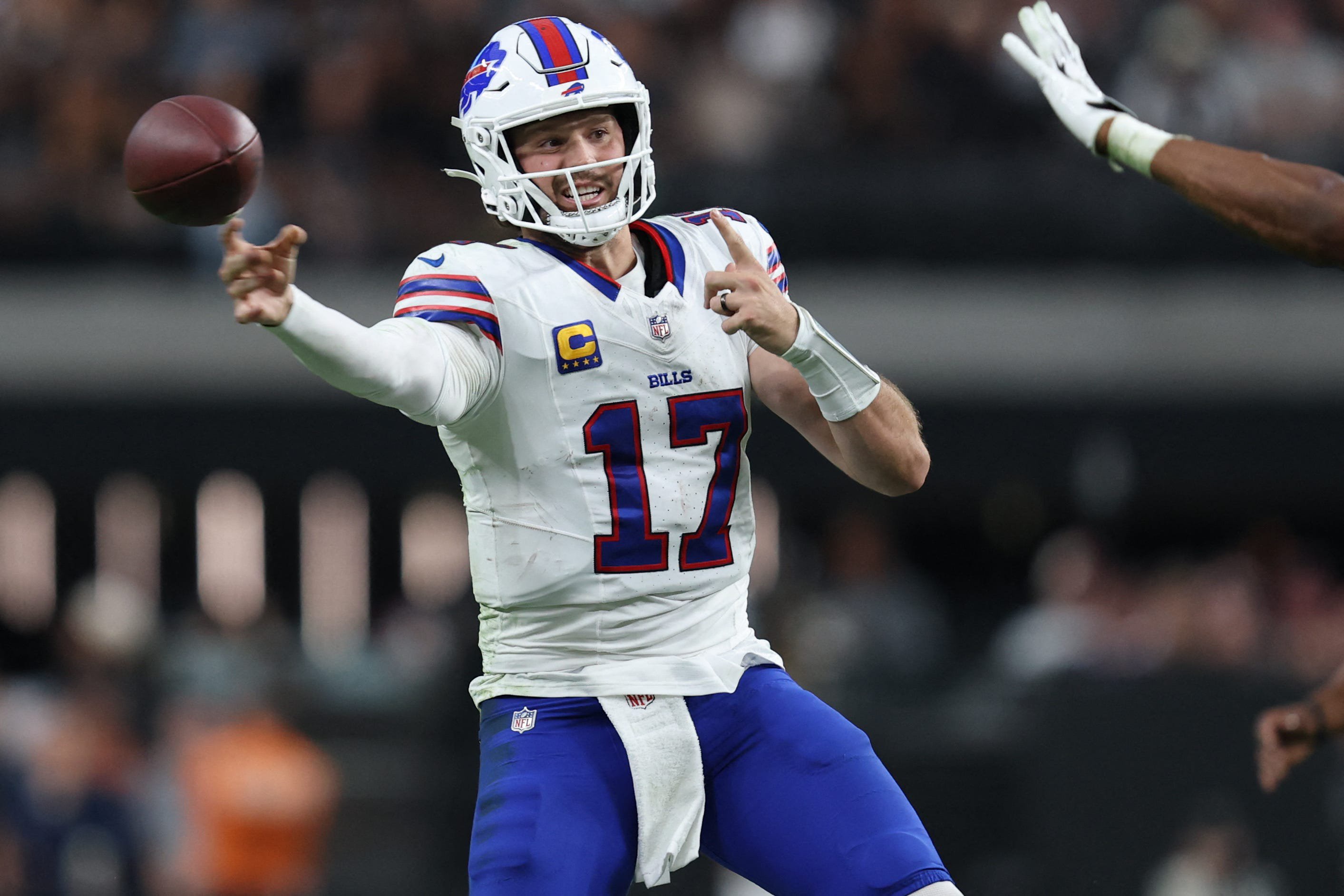 Oct 18, 2026; Paradise, Nevada, USA;  Buffalo Bills quarterback Josh Allen (17) throws a pass in the fourth quarter against the Las Vegas Raiders at Allegiant Stadium.  Mandatory Credit: David Brytus-Imagn Images