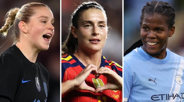 Alessia Russo (left) and Khadija Shaw (right) are among the contenders seeking to deny Alexia Putellas (centre) a third Ballon d'Or