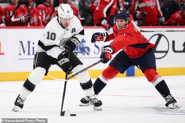 Los Angeles Kings left wing Artemi Panarin (10) and Washington Capitals right wing Ryan Leonard (9) battle for the puck during the second period of an NHL hockey game, Tuesday, Oct. 20, 2026, in Washington. (AP Photo/Nick Wass)