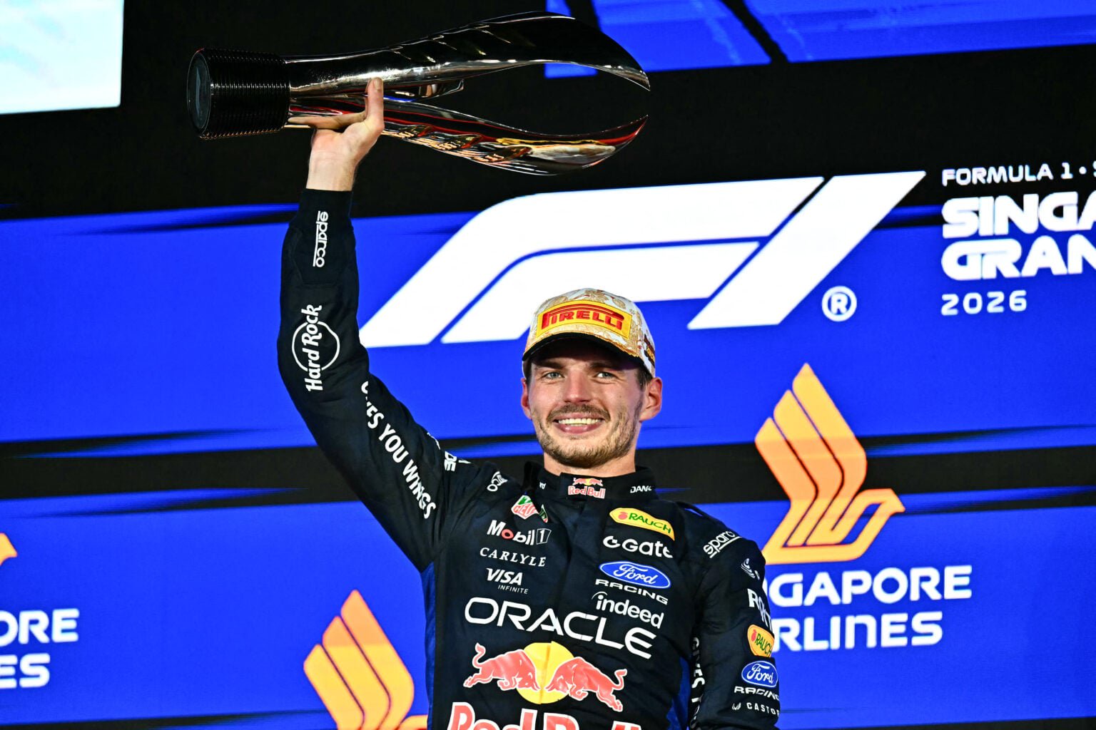 Red Bull driver Max Verstappen celebrates after winning the 2026 Singapore Grand Prix