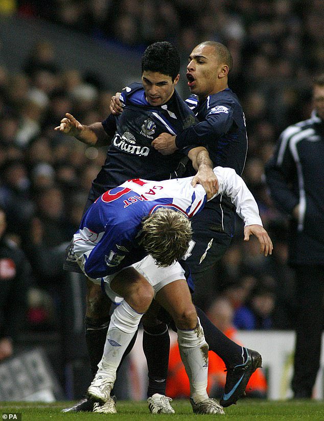 Morten Gamst Pedersen is left reeling after a clash with Arteta in his Everton days. A few years later Arteta would poke Pedersen in the eye during a game at Ewood Park