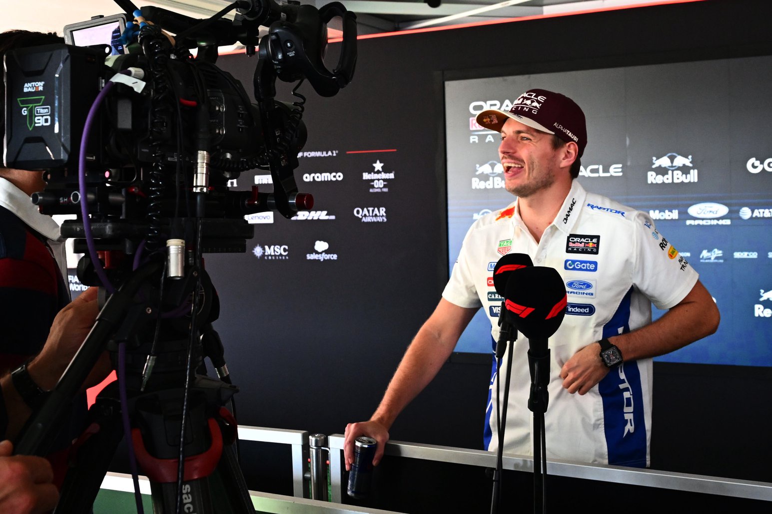 AUSTIN, TEXAS - OCTOBER 22: Max Verstappen of the Netherlands and Oracle Red Bull Racing talks to the media during previews ahead of the F1 Grand Prix of United States at Circuit of The Americas on October 22, 2026 in Austin, Texas. (Photo by Mark Sutton - Formula 1/Formula 1 via Getty Images)