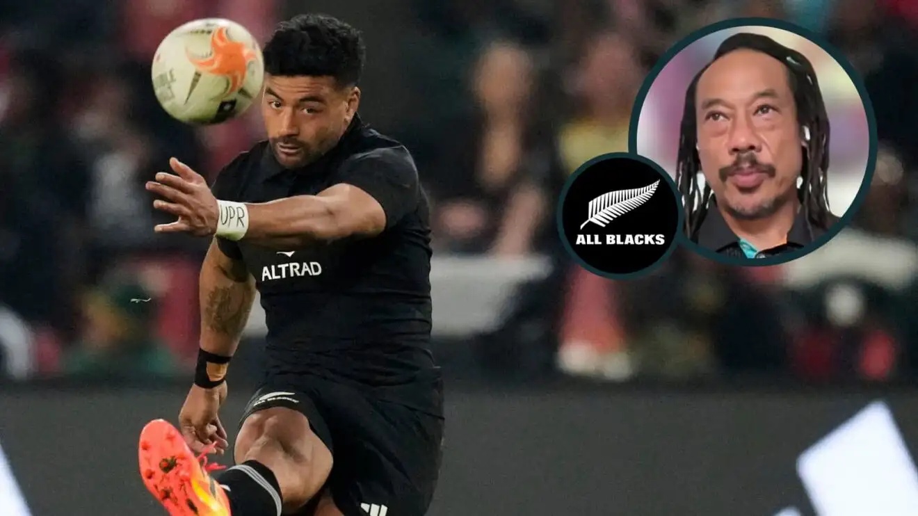 Richie Mo'unga in action for the All Blacks and New Zealand coach Tana Umaga (inset).