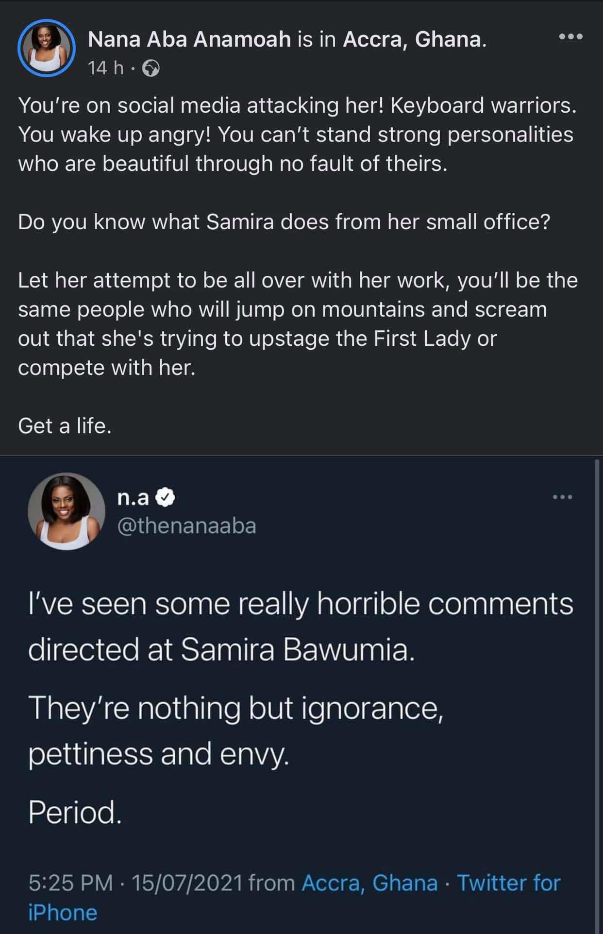 Nana Aba Anamoah's post defending Samira Bawumia that angered Netizens