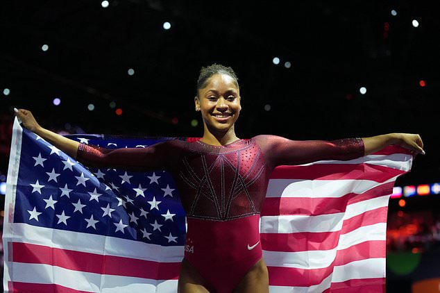 Skye Blakely, of the United States, poses after winning the gold medal in the women's all-around final at the Artistic Gymnastics World Championships in Rotterdam, the Netherlands, Friday, Oct. 23, 2026. (AP Photo/Patrick Post)