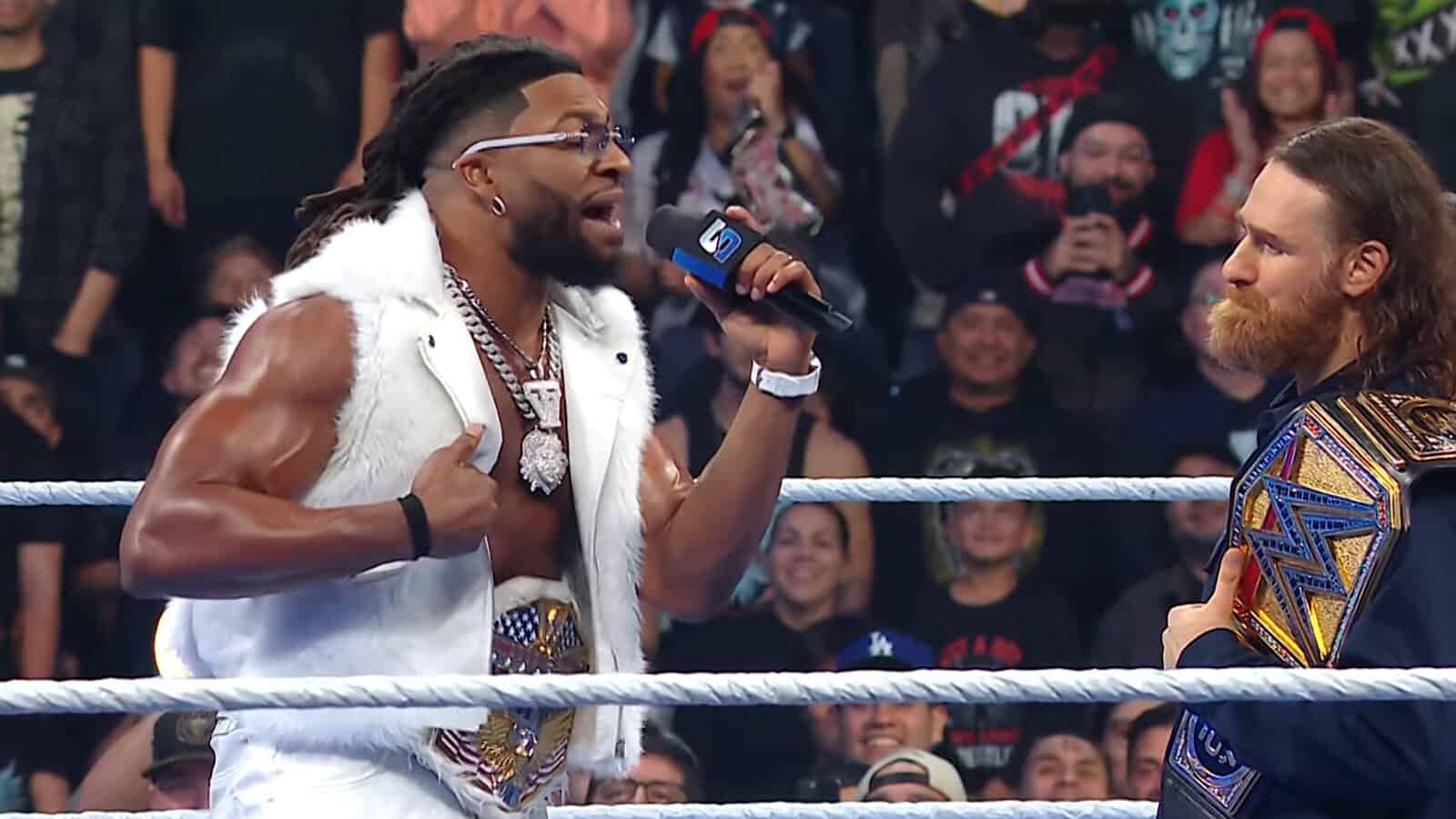 Trick Williams speaks to Undisputed WWE Champion Sami Zayn in the ring on the October 23, 2026 WWE SmackDown in Ontario, California