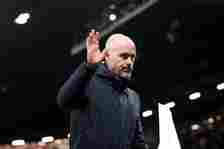 Erik ten Hag, Manager of Manchester United, waves after the team's victory in the Premier League match between Manchester United and Sheffield Unit...