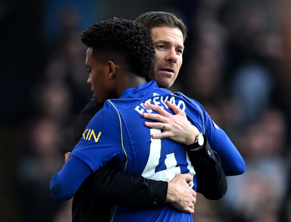Xabi Alonso, Manager of Chelsea, interacts with Estevao