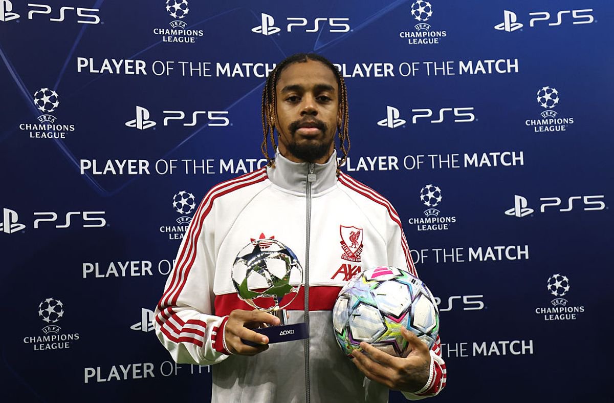 LINZ, AUSTRIA - OCTOBER 14: Bradley Barcola of Liverpool poses for a photo with the PlayStation Player of the Match award and the match ball after his hat-rick following the UEFA Champions League 2026/27 League Phase MD2 match between LASK and Liverpool FC at Oberösterreich Arena on October 14, 2026 in Linz, Austria. (Photo by Jasmin Walter - UEFA/UEFA via Getty Images)