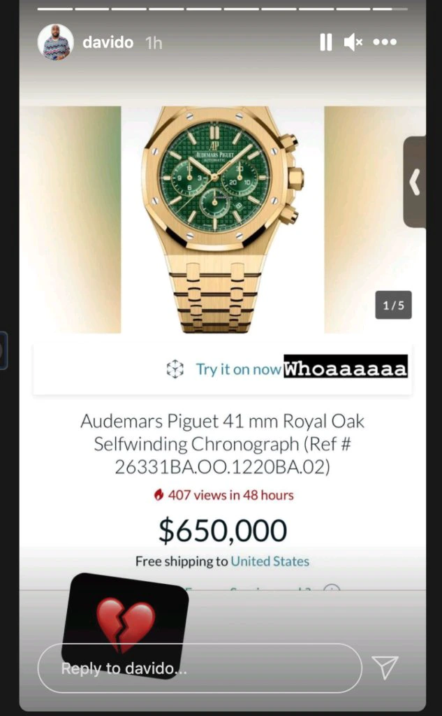 Check out the wristwatch that made Davido lose N180million and vowed never to buy any Diamond watch.