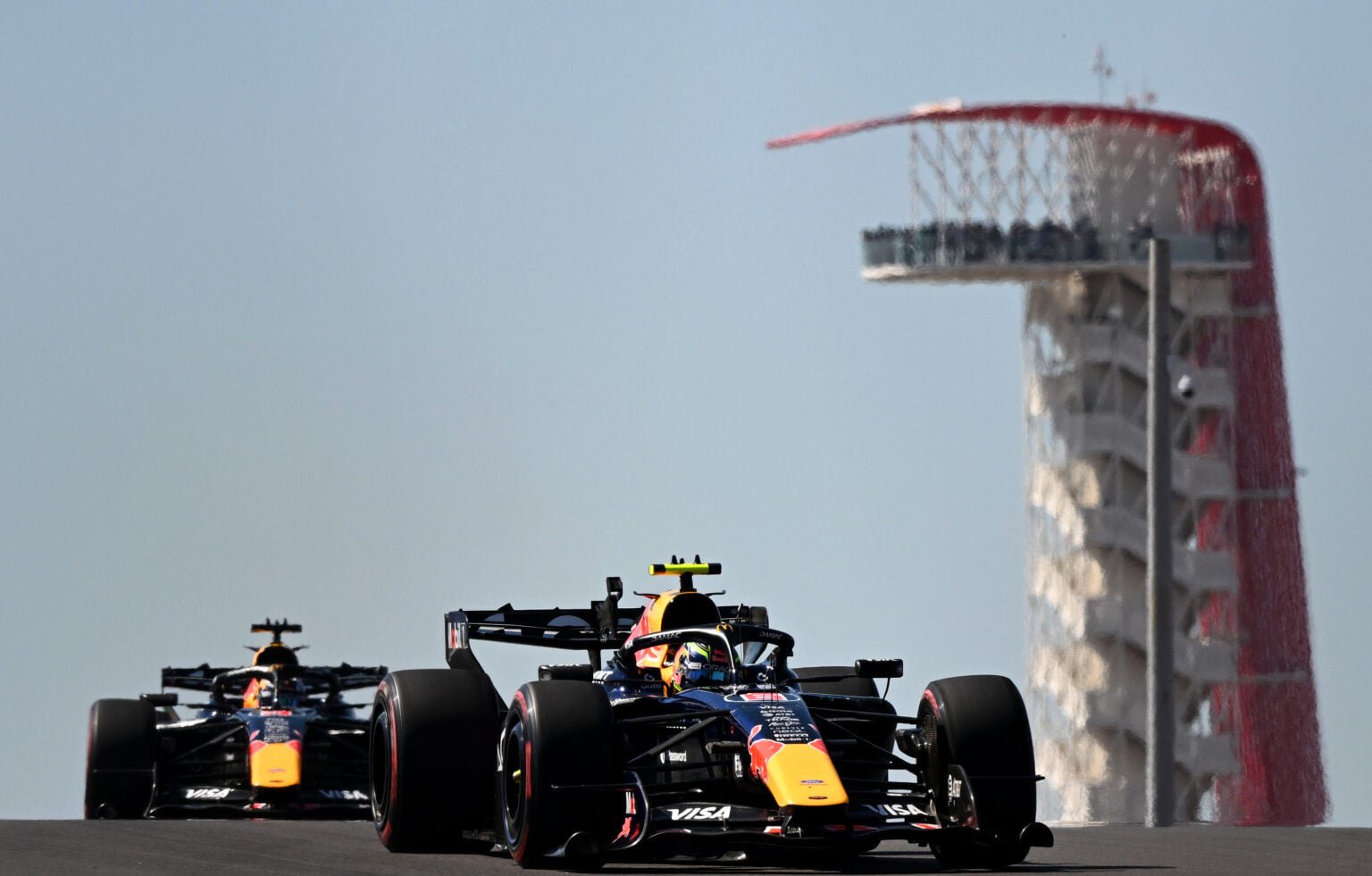 Red Bull drivers Isack Hadjar and Max Verstappen on track during practice at the 2026 F1 United States Grand Prix
