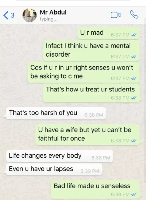 University girl leaks chat between herself and lecturer who wants to 'chop' her for grades (screenshots)