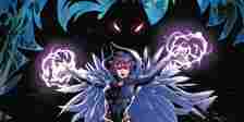Raven performing black magic with Trigon looming in the background in DC Comics