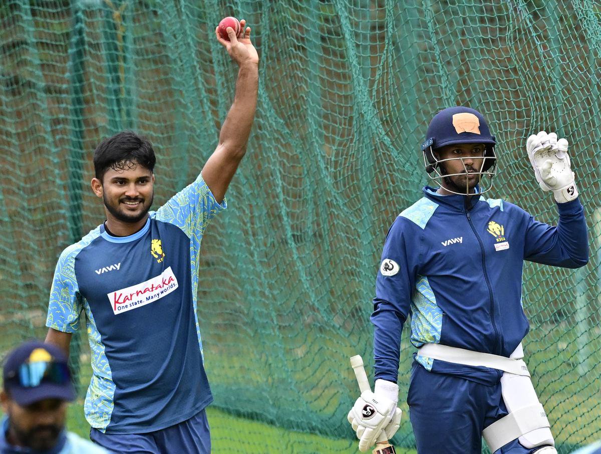 Karnataka's Abhilash Shetty and Mayank Agarwal at a training session ahead of the Ranji Trophy match against Tripura at the Srikantadatta Narasimha Raja Wadiyar ground (Gangotri Glades), Mysuru, on October 25, 2026.