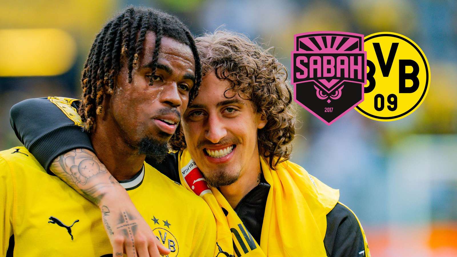 Carney Chukwuemeka (l.) und Fabio Silva in einer Collage mit dem Sabah- und BVB-Wappen.