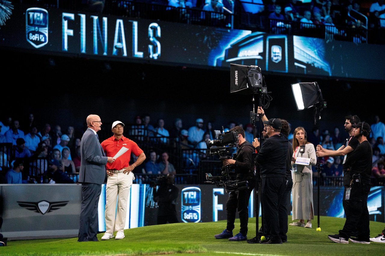 Tiger Woods of Jupiter Links GC is interviewed by Scott Van Pelt of ESPN during a match against Los Angeles Golf Club during the TGL finals at SoFi Center on March 24, 2026, in Palm Beach Gardens, Florida.