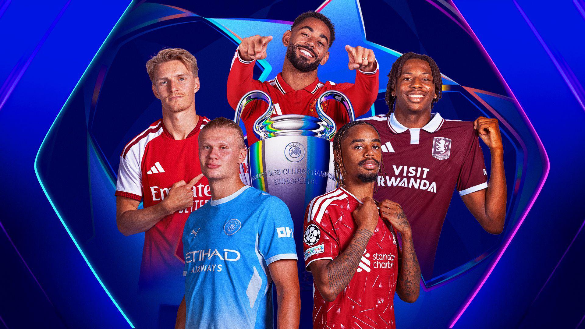A graphic of Martin Odegaard, Bruno Fernandes, Johan Manzambi, Erling Haaland and Bradley Barcola around the Champions League trophy
