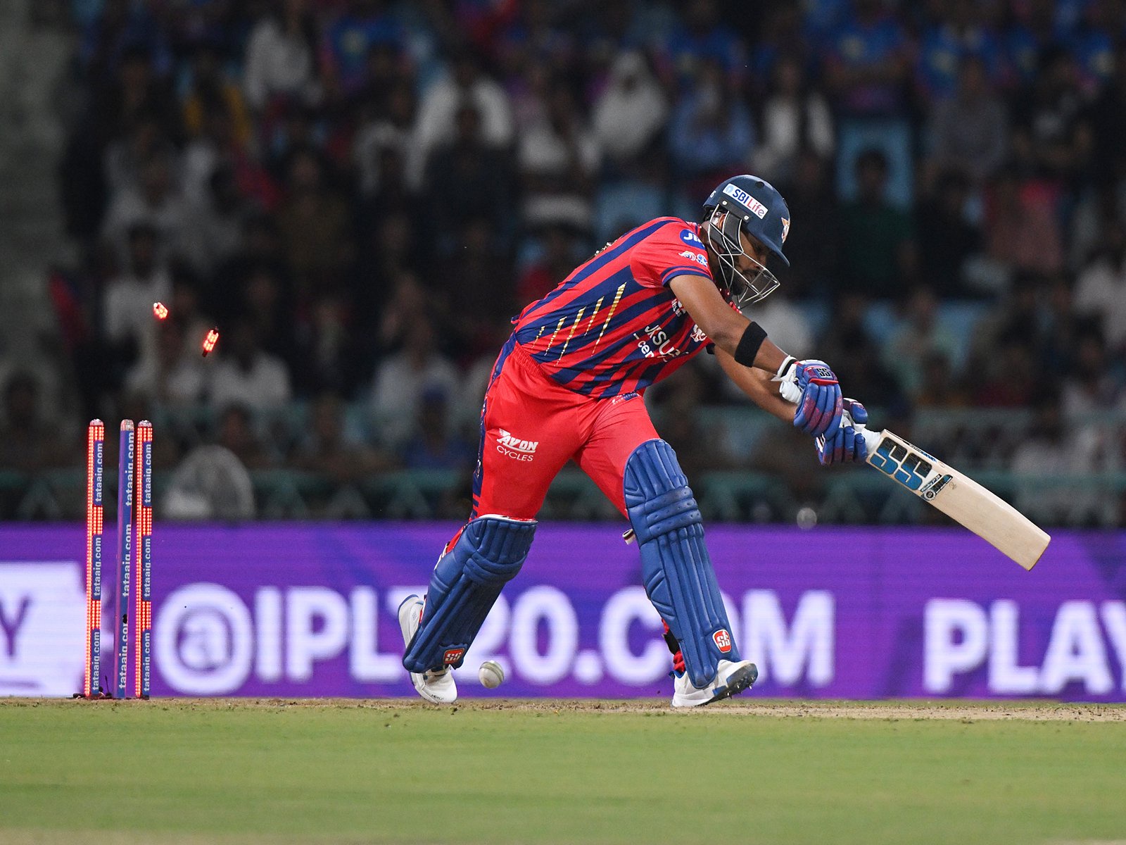 Nicholas Pooran getting bowled. (Photo: ANI)