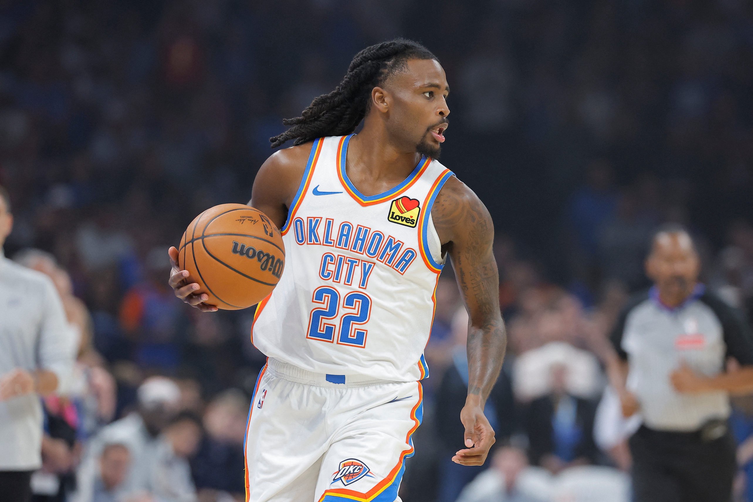 Oct 25, 2026; Oklahoma City, Oklahoma, USA; Oklahoma City Thunder guard Cason Wallace (22) dribbles down the court against the Los Angeles Clippers during the first half at Paycom Center. Mandatory Credit: Alonzo Adams-Imagn Images