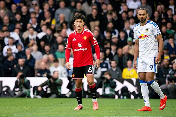 Lisandro Martinez of Manchester United in action with Dominic Calvert-Lewin of Leeds United during 