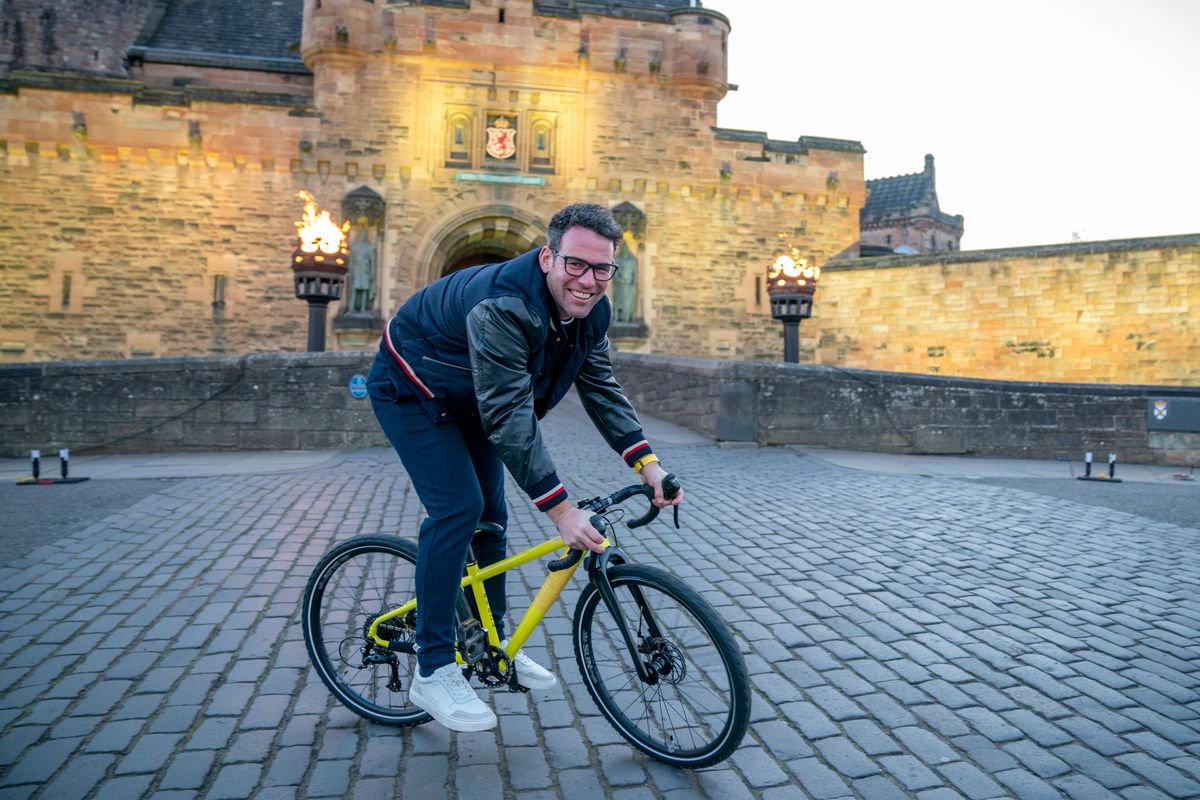 Cyclist Mark Cavendish at the 2027 Tour de France launch event, at Edinburgh Castle. 