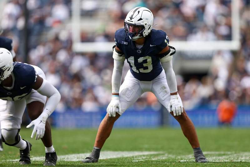 September 6, 2025, University Park, Pennsylvania, USA: University Park, PA: Penn State Nittany Lions linebacker Tony Rojas 13 waits for the snap during the NCAA, College League, USA football game against the Florida International University Panthers on Friday, September 6th, 2025 at Beaver Stadium. The Nittany Lions won 34-0 over the Panthers. University Park USA – ZUMAp258 20250906_znp_p258_021 Copyright: xStevexPrakopex