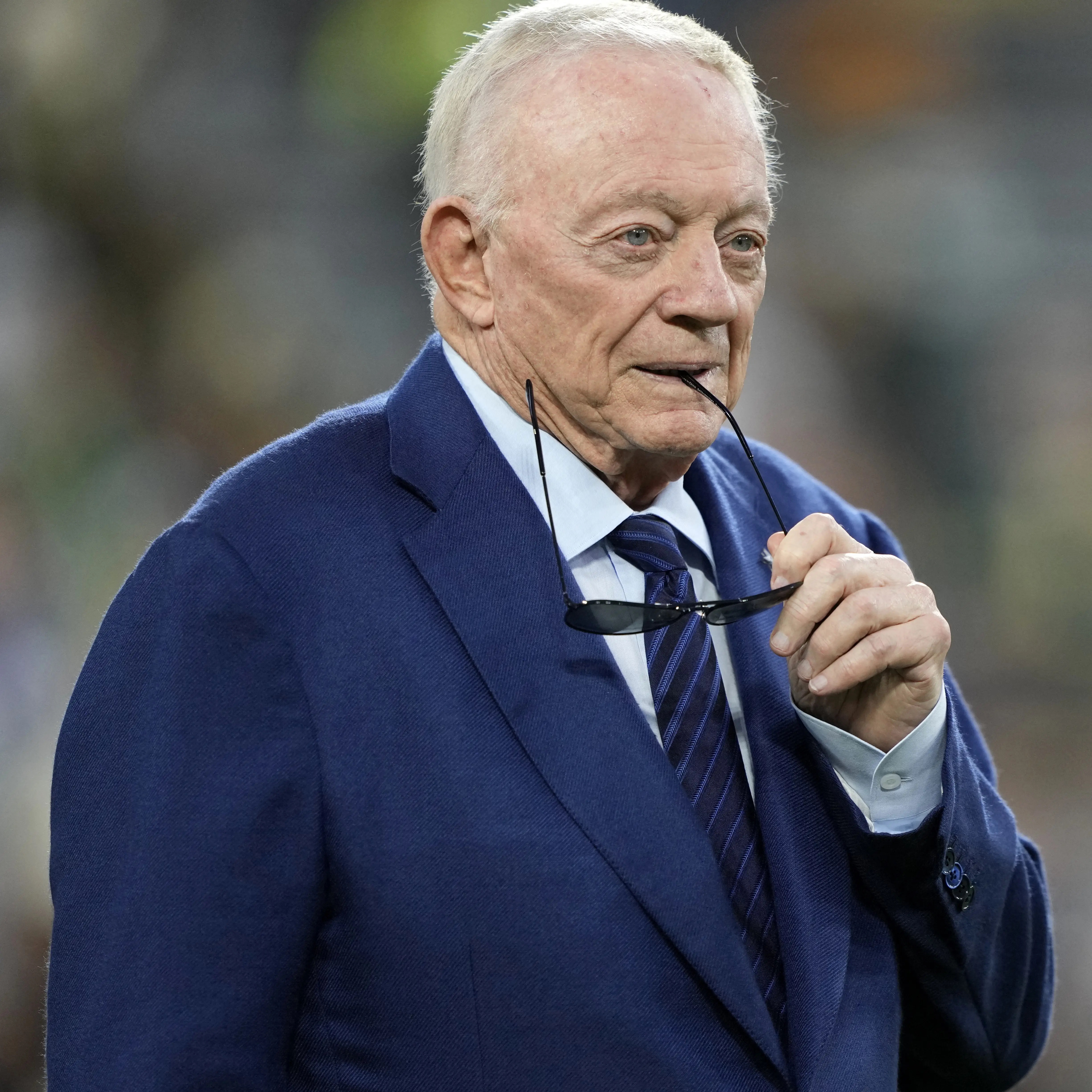 Dallas Cowboys owner Jerry Jones looks on prior to the game against the Green Bay Packers at Lambeau Field.