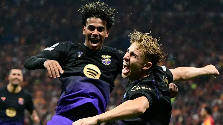 Lopez celebrates with Yamal after scoring Barcelona’s second goal