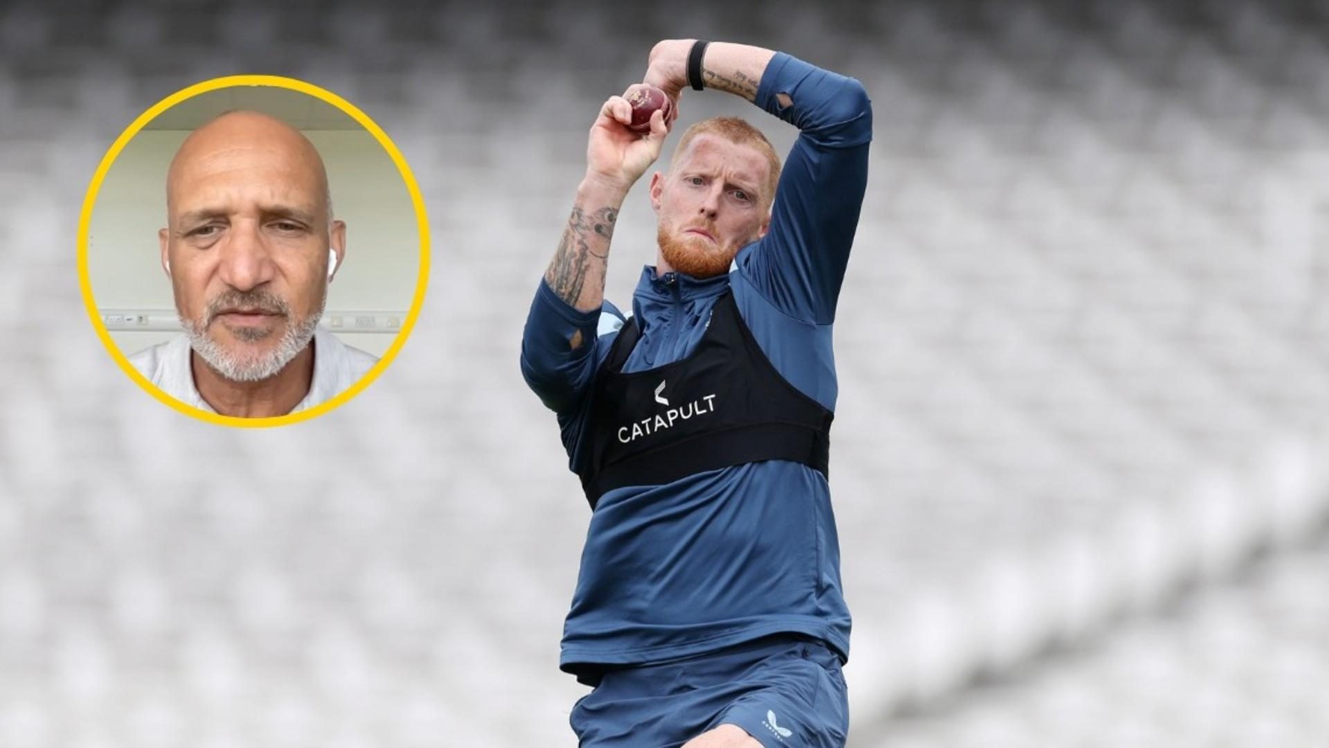 Ben Stokes bowling with head-shot cut out of Mark Butcher