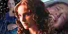 Padme looking concerned in the center, with her in her casket to the left and crying to the right in a combined image