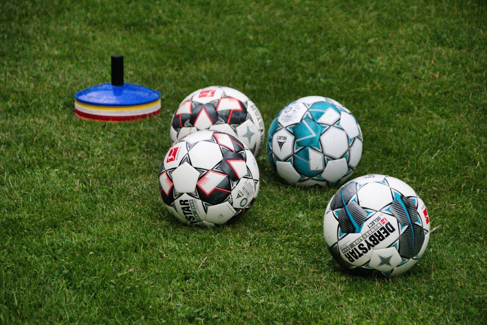 Fußbälle und Trainingshütchen auf Rasen