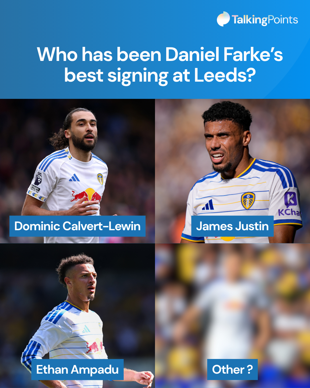 A split of four graphic posing the question: "Who has been Daniel Farke's best signing at Leeds?" Images show Dominic Calvert-Lewin, James Justin and Ethan Ampadu and a blurred out Nico Elvedi.