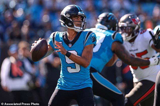 Carolina Panthers quarterback Bryce Young (9) throws a pass during the first half of an NFL football game against the Tampa Bay Buccaneers in Charlotte, N.C., Sunday, Oct. 25, 2026. (AP Photo/Scott Kinser)