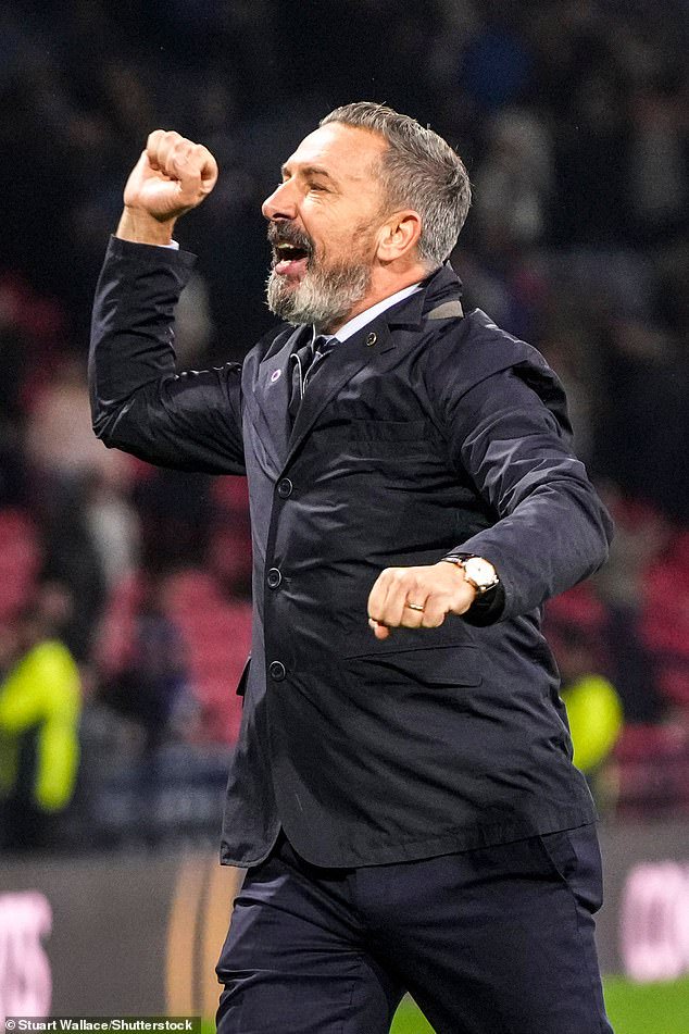 Rangers boss Derek McInnes enjoys the moment at full-time as his side are through to the final