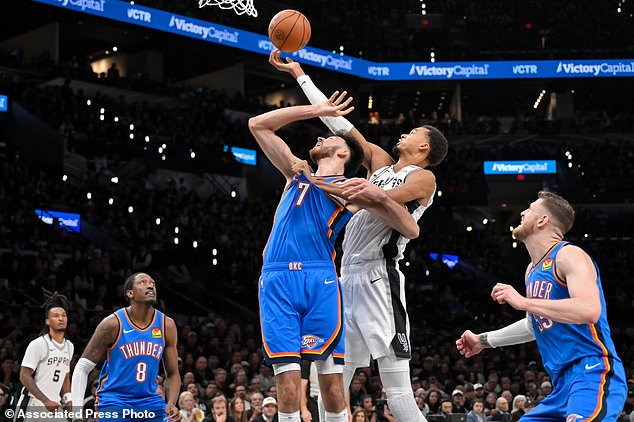 San Antonio Spurs center Victor Wembanyama shoots against Oklahoma City Thunder center Chet Holmgren (7) during the first half of an NBA basketball game, Tuesday, Oct. 20, 2026, in San Antonio. (AP Photo/Darren Abate)