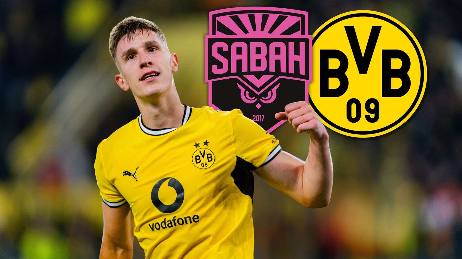 Nico Schlotterbeck und die Wappen von BVB und Sabah FK