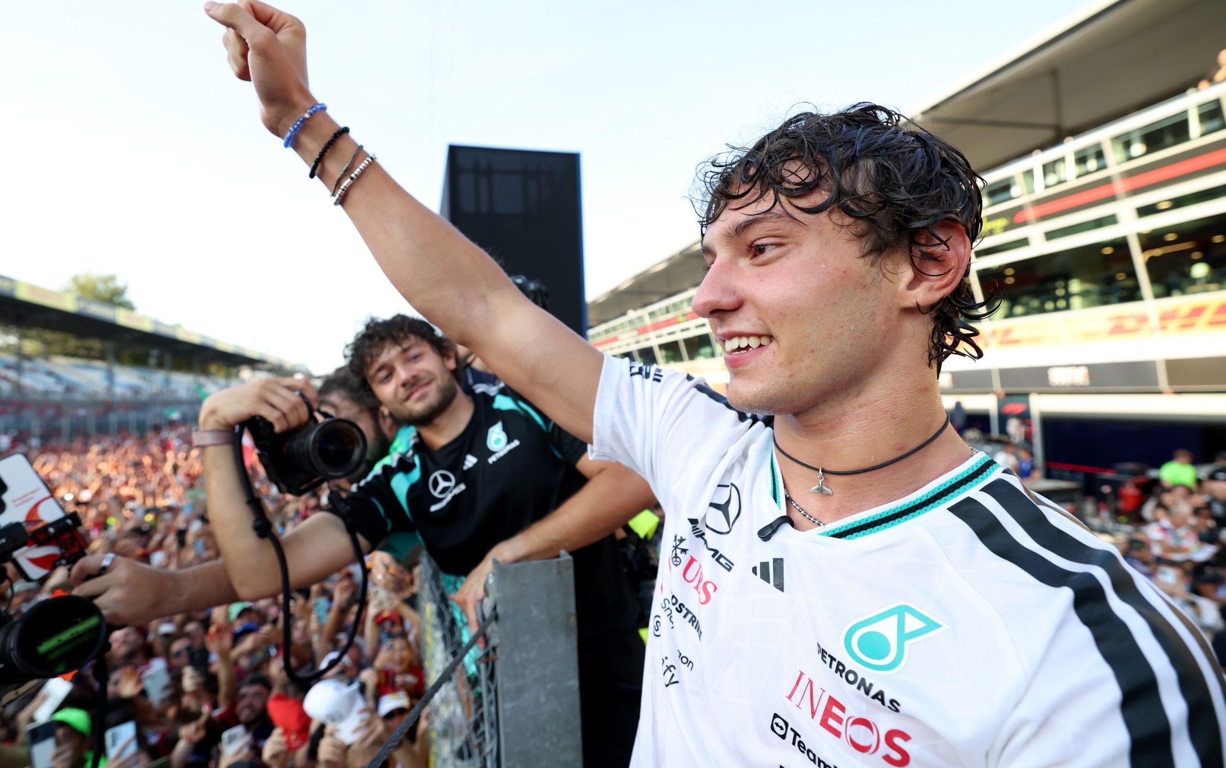 Kimi Antonelli celebrates winning the Italian Grand Prix