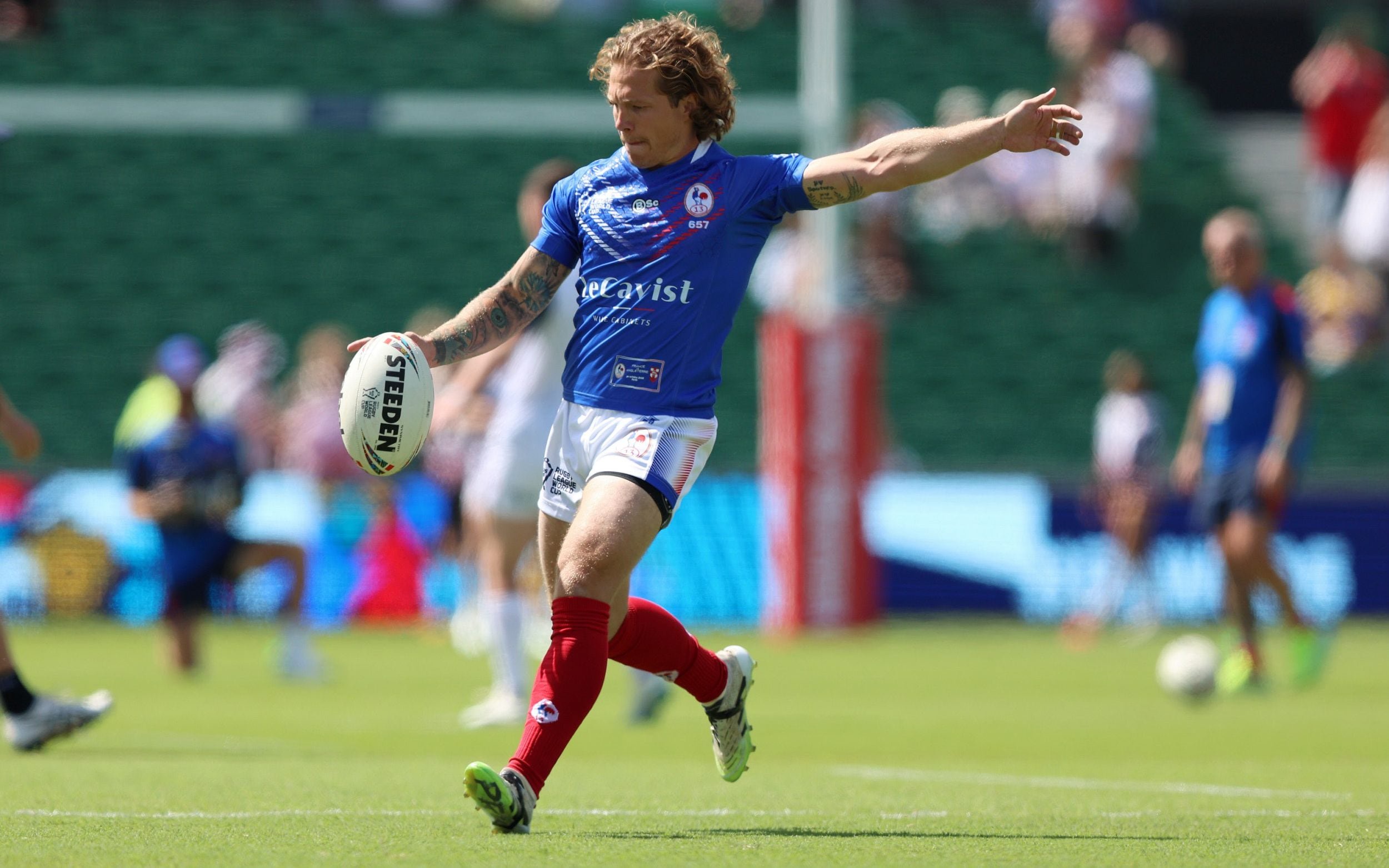 PERTH, AUSTRALIA - OCTOBER 24: Theo Fages of France warms up during the 2026 Men's Rugby League World Cup match between England and France at HBF Stadium on October 24, 2026 in Perth, Australia.