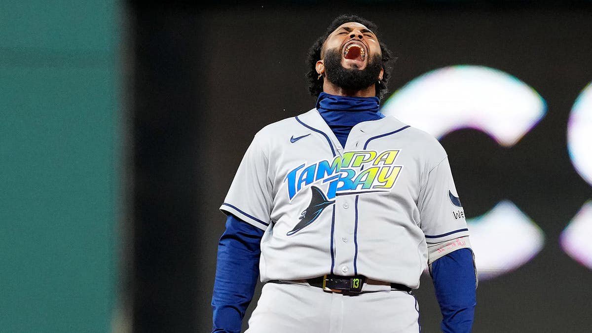 Junior Caminero reacts during a play at Progressive Field.