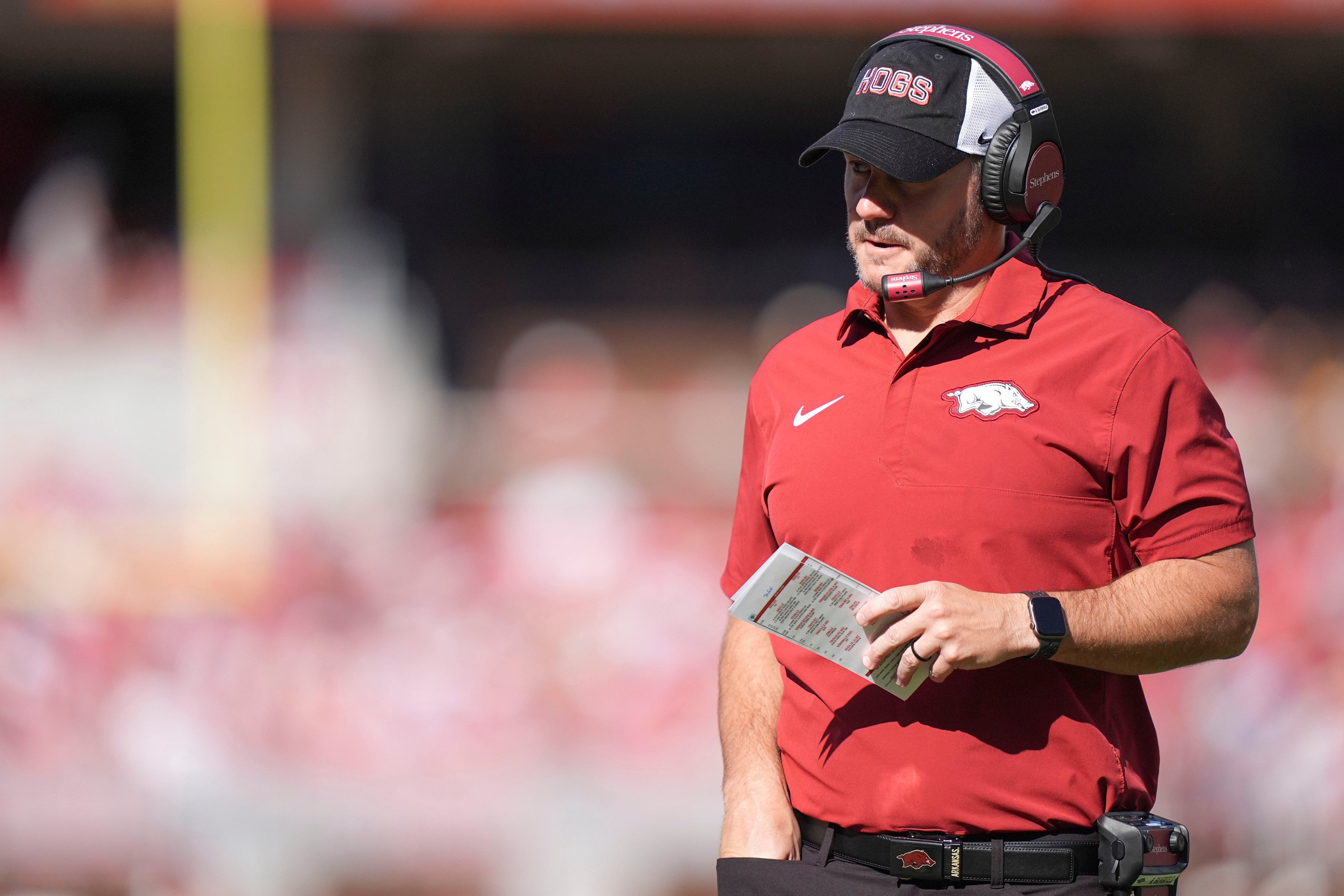 Arkansas football coach Ryan Silverfield watches from the sideline during a college football game against Tennessee at Donald W. Reynolds Razorback Stadium in Fayetteville, Arkansas on Oct. 10, 2026.