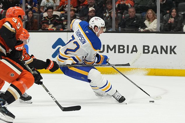 Buffalo Sabres center Tage Thompson, right, gets ready to score a goal during the first period of an NHL hockey game against the Anaheim Ducks Thursday, Oct. 29, 2026, in Anaheim, Calif. (AP Photo/Gregory Bull)