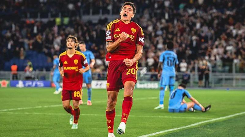 Nahuel Molina celebrates Roma's second as they comfortably beat Slovan Bratislava