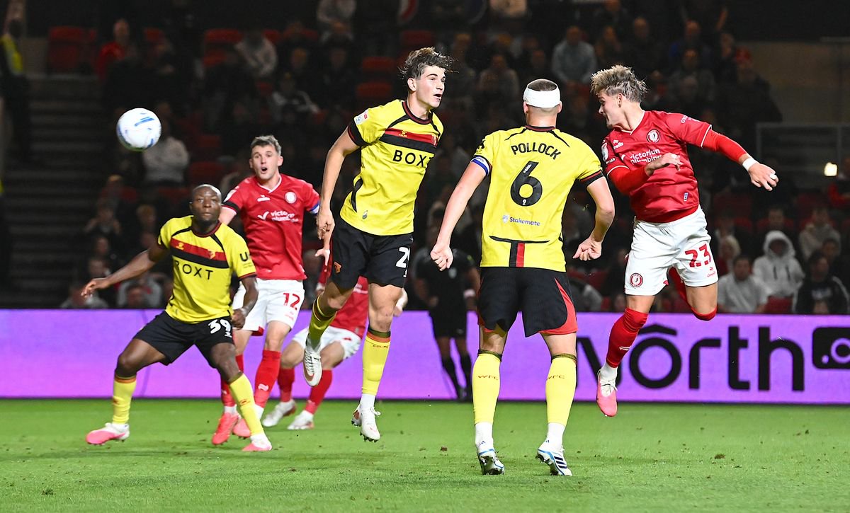 Dom Ballard scores Bristol City's winning goal in their match against Watford at Ashton Gate