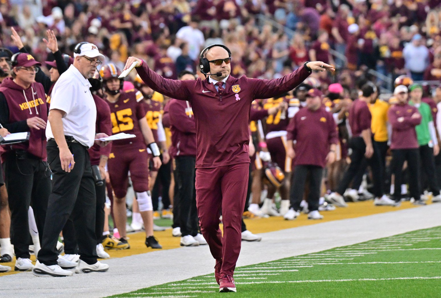 Minnesota Gophers head coach P.J. Fleck urges the fans to quiet down on a goal line play against the Iowa Hawkeyes in the third quarter of an NCAA football game at Huntington Bank Stadium in Minneapolis on Saturday, Oct. 24, 2026. The Gophers beat Iowa 13-10 to reclaim Floyd or Rosedale. (John Autey / Pioneer Press)